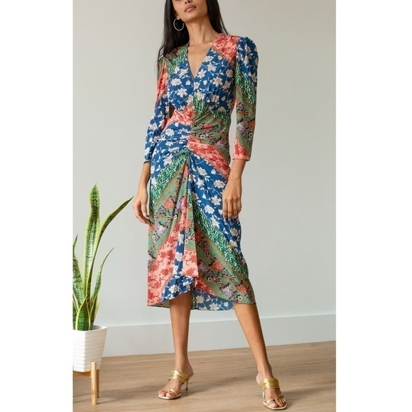 NWOT Veronica Beard Midi Silk-Blend Ruched Floral Mary Long-Sleeve Dress - Picture 3 of 8